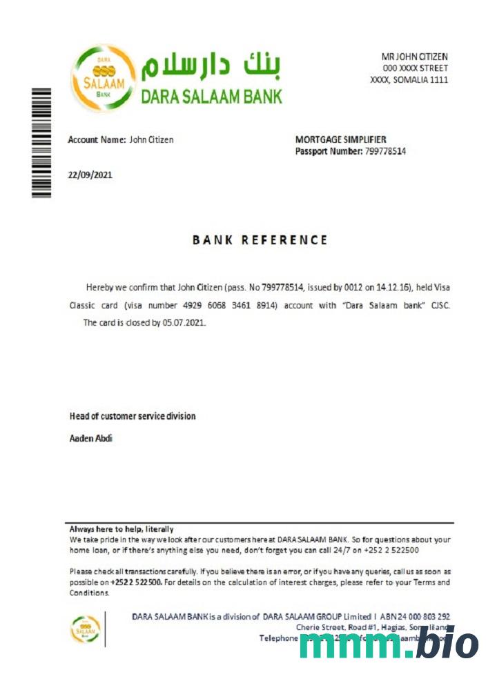 Somalia Dara Salaam przykład zamknięcia banku w formatach Word i PDF